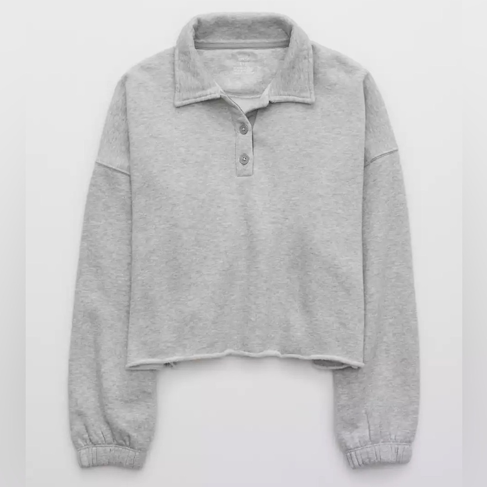 Aerie Polo Sweatshirt Size Small Oversized Gray Fleece of Mind